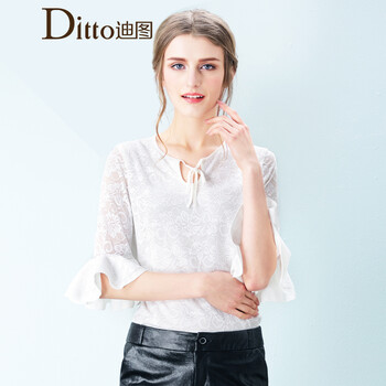 Ditto迪图秋装新款时尚百搭拼接荷叶袖蕾丝雪纺衫女D14EM171 白色 L
