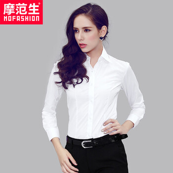 摩范生(MOFASHIO）商务职业装长袖衬衫女防皱免烫都市白领修身女衬衣OLMWCS010 白色斜纹v领 XS/32