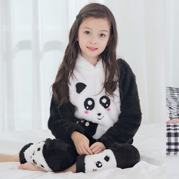款珊瑚绒睡衣小女孩长袖女童宝宝家居服二件套装 x375卡通熊猫-女童