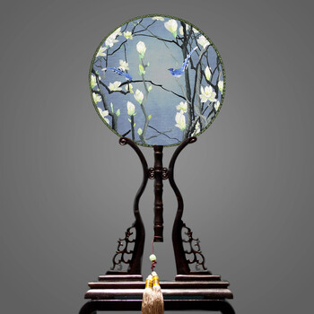 苏扇老阊门苏绣双面绣花20cm古典真丝宫扇古风扇子中国风团扇圆 玉兰