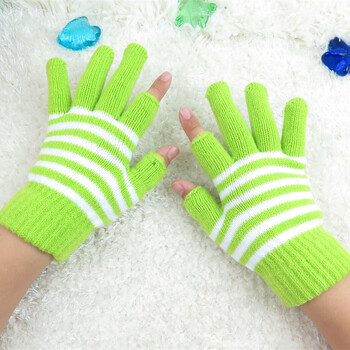 冬季男女通用半指毛线手套保暖露指针织加绒加厚露两指手套冬 翠绿