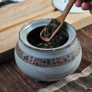 
                                        乐陶苑 哥窑茶叶罐陶瓷大号茶叶罐包装盒普洱茶醒茶叶罐无纺布密封茶叶桶特价 莲生罐.高风亮节(青)                