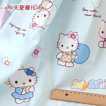 
                                        天使雅儿 棉斜纹印花卡通可爱儿童床品布料手工面料 蓝色kitty 蓝kittyA版 （1.6米宽幅）一米                