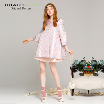 Chartres圆领粉色蘑菇印花宽松七分袖外套 秋款新品女装V683 粉色 M少量现货 抓紧拍