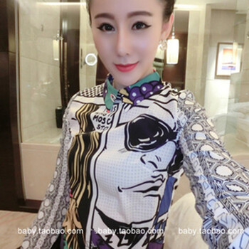 衣尤格2015春季新款韩版女装修身显瘦个性涂鸦印花翻领拉链波点长袖时尚百搭打底雪纺上衣衬衫 图片色 M