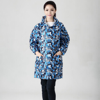 户外秋冬时尚成人罩衣防水防油厨房围裙长袖家务工作服护衣女士 白蓝