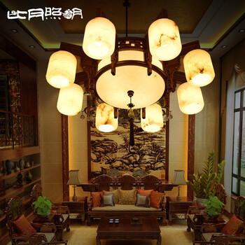 比月照明 中式西班牙透光云石客厅餐厅灯天然黄花梨木吸顶灯3529 六头