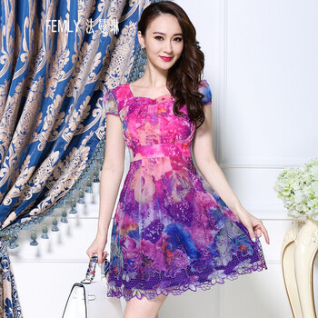 femly法曼琳夏季雪纺连衣裙2015新款大码女装网纱刺绣短袖印花连衣裙