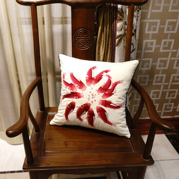 avigers 中式棉麻绣花鱼沙发抱枕床头靠垫套办公室靠枕 红鱼 45cm*45cm外套+内芯
