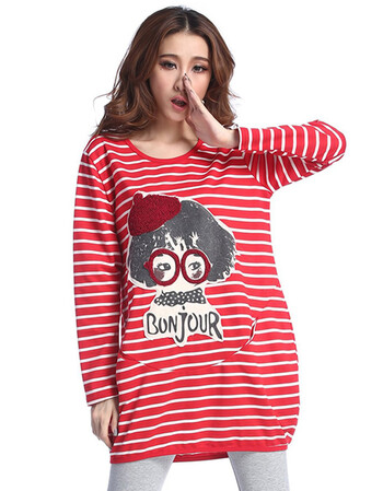 蝶莉2013秋装新款打底衫宽松中长款韩版条纹长袖t恤 红加白n801-1768