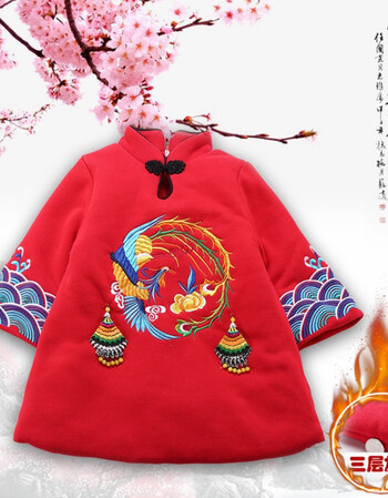 儿童装过新年服加厚儿童唐装冬女童旗袍刺绣拜年汉服连衣裙 圆形凤凰