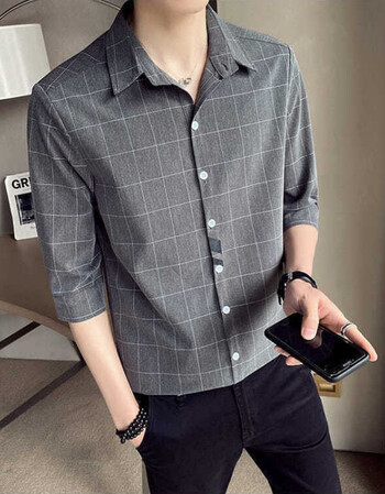 夏季新款感格子衬衫男韩版帅气痞帅男士长袖衬衣潮深灰色格子衬衫m