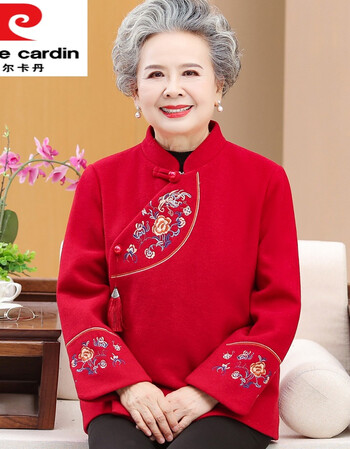 皮尔卡丹官方女装奶奶秋装唐装毛呢外套女中老年人妈妈秋冬70岁80老人