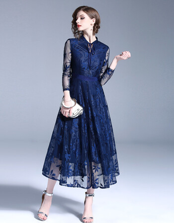 2019新品连衣裙秋装新款长袖裙子镂空系带收腰大摆蕾丝连衣裙 深蓝色