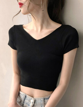 上衣女小心机爵士舞大领口漏肚脐短袖t恤低领紧身短款小衫 黑色双v款
