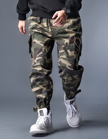 微胖男生穿搭裤子男军绿色迷彩工装裤男潮牌束脚加肥加大运动裤小脚