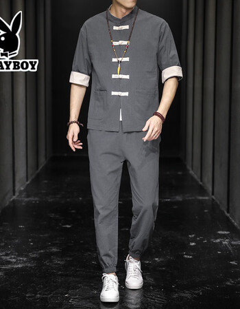 花花公子唐装男潮牌复古装汉服青年民国服装风男装马褂唐服中国风中式帅气深灰色l 图片价格品牌报价 京东