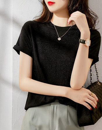 亮丝短袖上衣女夏装薄款时尚百搭宽松显瘦外穿打底冰丝针织衫黑色均码