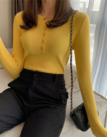 秋季v领毛衣女2021秋冬韩版新款网红修身长袖针织内搭打底衫上衣黄色s