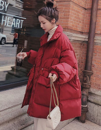 秋冬新款棉衣外套女红色棉服女中长款冬新款立领面包服韩版宽松收腰