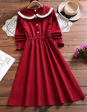 jn红色连衣裙新年连衣裙2022新款学院风娃娃领长袖连衣裙女设计感气质