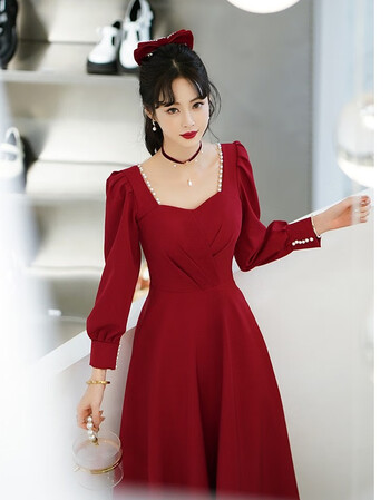 麦斯贝思敬酒服新娘酒红色平时可穿结婚订婚礼服连衣裙方领缎面长袖酒