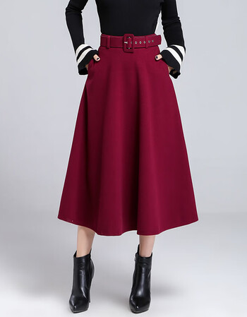 毛呢半身裙女2018秋冬新款中长款复古裙子a字裙秋季半身长裙 酒红色 l