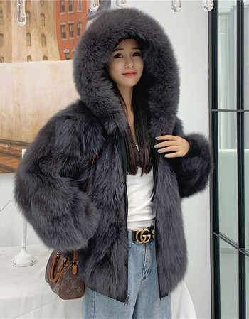 法国naixiao轻奢品牌狐狸毛皮草外套女皮草女2021秋冬新款连帽皮毛
