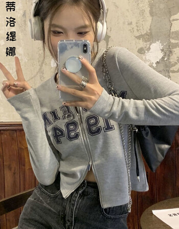 感小众辣妹上衣ins风盐系秋季女装灰色休闲t恤女s90斤以内休闲t恤女