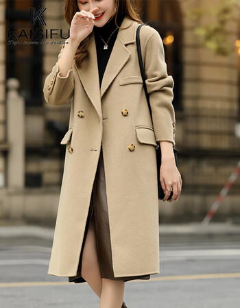 kaisifu品牌双面羊绒大衣女2021年冬季新款可可色中长款西装领气质
