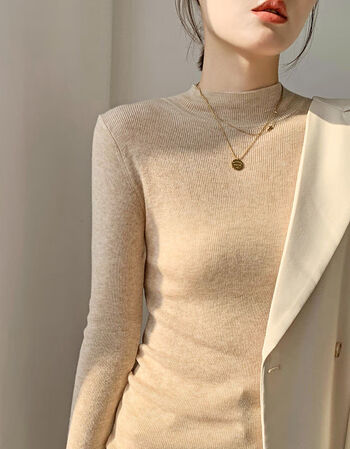 毛打底衫女新款秋冬百搭洋气遮肚针织衫半高领修身色内搭上衣杏色xl