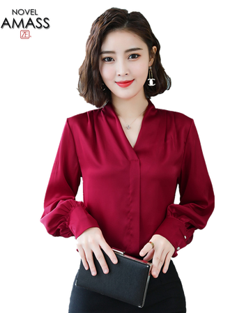 品牌衬衫女长袖2019春装新款真丝v领上衣百搭显瘦职业女装衬衣 深红色