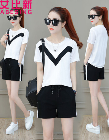 2019夏装新款小个子女装短裤运动休闲套装女时尚洋气两件套 白衣黑裤