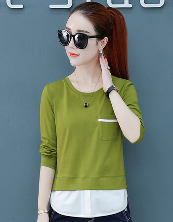 宽松舒适拼色长袖t恤女2019春装新款韩版百搭女装打底衫春款上衣 绿色