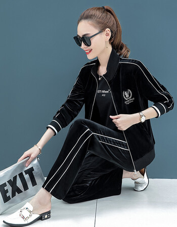 京东品质夏天运动套装女欧洲站金丝绒阔腿裤2019春季坠感薄款显瘦三