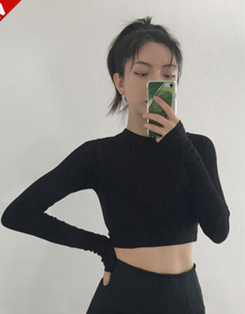 性感短款半高领长袖t恤女 半截露腰上衣紧身纯棉内搭舞蹈打底衫 黑色