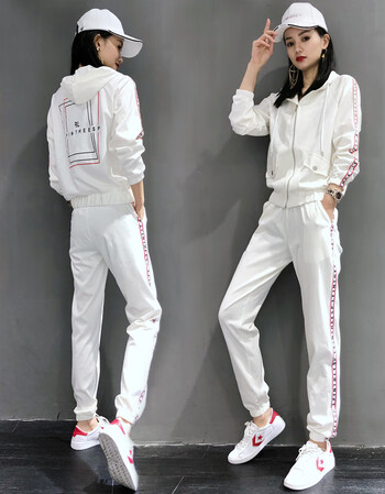 健身运动服套装女春秋装2019新款时尚洋气休闲两件套 白色 m【95-100