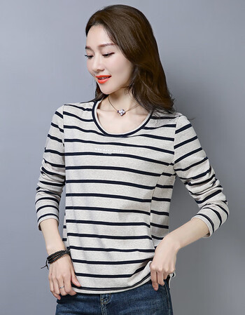 森熙t恤女长袖条纹衫2019春季新款女士百搭休闲上衣韩版宽松体恤衫