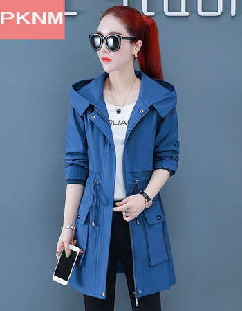 春秋装韩版新款女士连帽风衣女中长款休闲收腰学生外套女装宝蓝色l