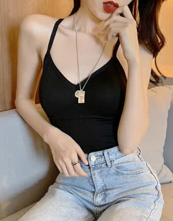 快手网红同款带胸垫加厚吊带背心女塑身美背交叉v领打底性感内衣 黑色