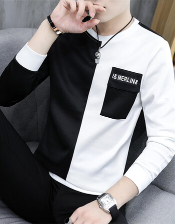 春季男装薄款上衣服中学生打底衫男生秋衣卫衣 春秋常规薄款黑白配 m