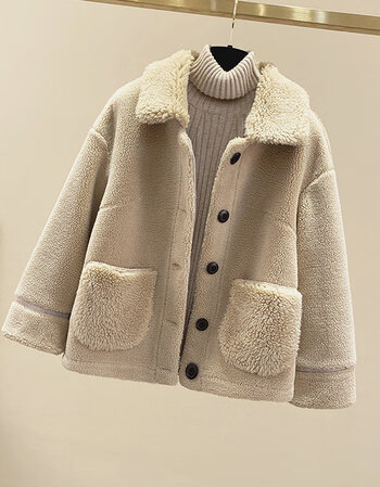 女秋冬休闲羊羔毛绒皮毛一体外套女韩版短款颗粒绒保暖上衣卡其色s