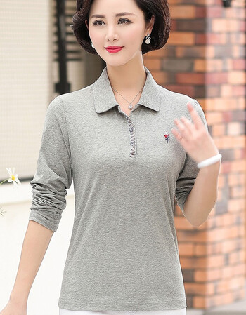 欧之裳中年女士全棉舒适体恤衫妈妈装春秋装洋气长袖上衣40-50岁中