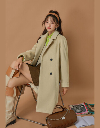 othermix纯色气质毛呢外套女年冬季新款双排扣简约高级感大衣杏色现货