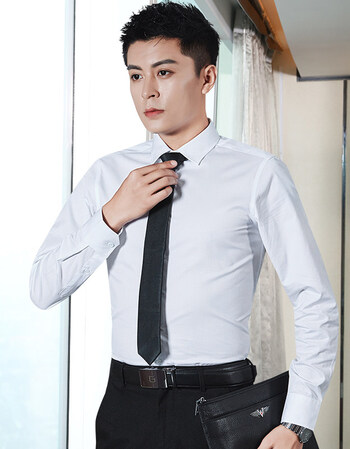 立领衬衫男长袖白色商务免烫修身小立领男士圆领白衬衣白色小方领39