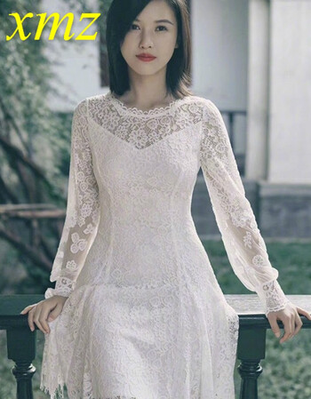 2019春季新款欧洲站杨子姗明星同款性感流苏边连衣裙镂空蕾丝长裙