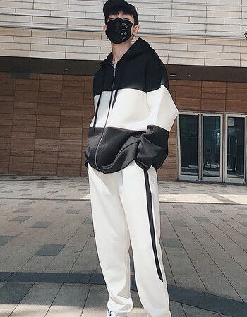 男衣服帅气一套慵懒风秋两件套潮流韩版外套嘻哈网红 992 黑衣 白裤 m