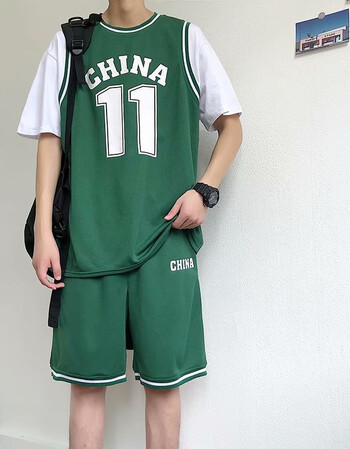 复古篮球服套装男女班服街头外穿宽松fb运动休闲篮球服潮流假两件