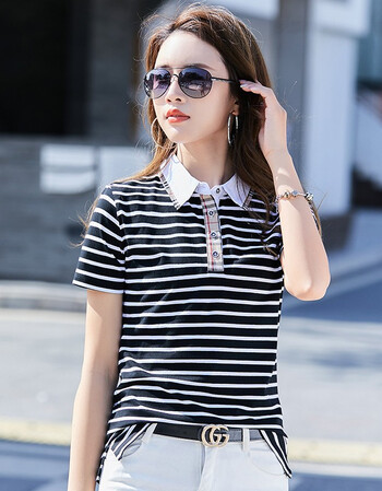 岑薇新款条纹翻领短袖女夏天有领子的上衣带领t恤polo杉休身显瘦的体