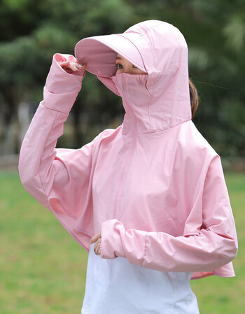 栀锦防晒衣女夏季户外采茶斗篷短款可拆卸沙滩服薄款骑车遮阳外套粉色